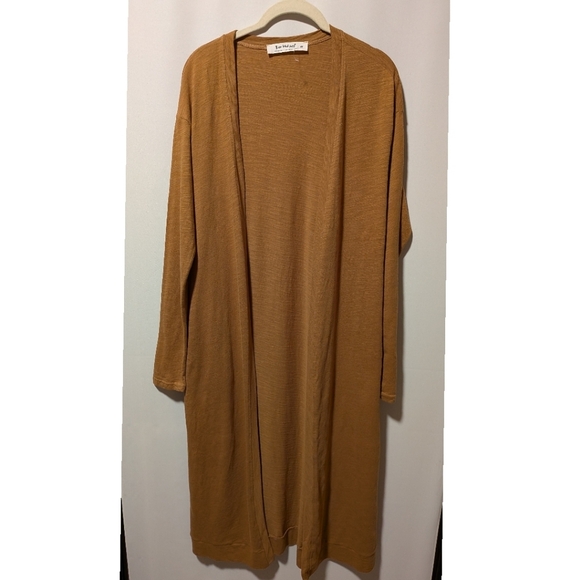 Three Bird Nest Camel Brown Cotton Long Open Cardigan Duster Size Medium - Picture 4 of 12
